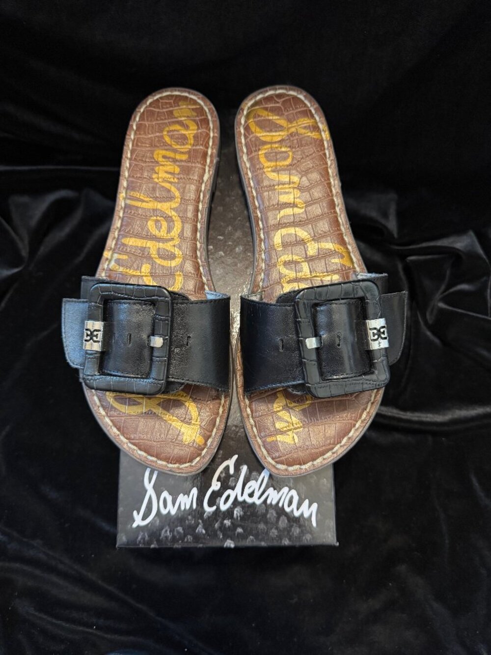 Sam Edelman Granada Sandals Women's Size 7.5 BlackLeather Flats Big Buckle Slide